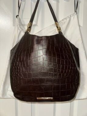 Croc-Embossed Dark Brown Leather Shoulder Bag with Gold Hardware